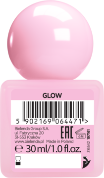 Różowy tył opakowania Bielenda GLOW 30ml z kodem kreskowym i różową, kulistą nakrętką, widok z góry.
