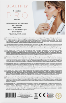 Tył opakowania Beautifly B-Booster Pro. Białe pudełko, opis funkcji: ultradźwięki, RF, EMS, lifting anti-aging. Zdj. kobiety.