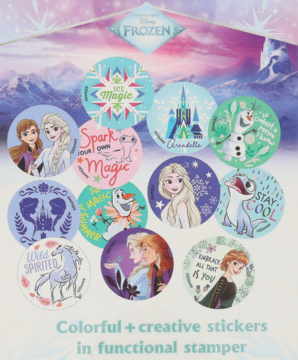 Kolorowe, okrągłe naklejki Disney Frozen z Elsą i Anną, w zestawie ze stemplami. Widok prezentujący wzory.