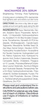Tył białej etykiety serum TIRTIR Niacinamide 20%. Widoczna lista składników, instrukcja użycia, ostrzeżenia.