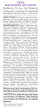 TIRTIR Niacinamide 20% Serum, tył opakowania z pełnym opisem składu, sposobu użycia i ostrzeżeń.