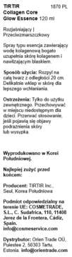 Etykieta TIRTIR Collagen Core Glow Essence 120ml, opis produktu (rozjaśniający, przeciwzmarszczkowy) i użycia, PL.