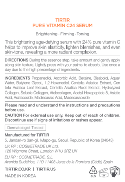 Tył białego opakowania serum TIRTIR Pure Vitamin C24, z 24% witaminą C, widoczne składniki i opis.