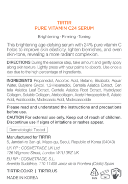 Etykieta serum TIRTIR Pure Vitamin C24. Widoczne składniki (24% wit. C), sposób użycia i dane producenta.
