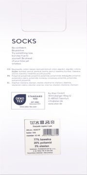 Tył białego opakowania skarpetek z widocznym składem: 77% bawełna, 20% poliamid, 3% elastan i certyfikatem OEKO-TEX.