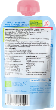 Tył niebieskiej saszetki GENUSS PLUS KIDS mus jabłkowo-bananowy, z etykietą i tabelą wartości odżywczych.