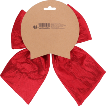 Tył czerwonej kokardy Eloy z błyszczącego poliestru, z przymocowaną brązową metką i kodem kreskowym.