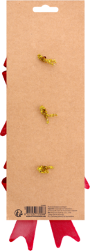 Eloy, zestaw 3 czerwonych kokard z ozdobnymi złotymi dzwoneczkami, na brązowym kartonie, ujęcie z góry.