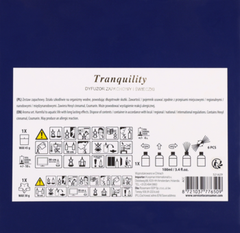 Tył granatowego opakowania zestawu Eloy Tranquility: dyfuzor zapachowy 100ml i świeczki. Widoczne instrukcje i piktogramy.