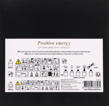 Tył czarnego opakowania zestawu dyfuzor zapachowy i świeczki, biała etykieta z napisem Positive energy.