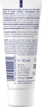 Tył białej tubki Prebiotycznego kremu BB Bielenda ALL-IN-ONE SPF 15, z polskim opisem i kodem kreskowym.