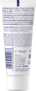 Tył białej tubki Prebiotycznego kremu BB Bielenda 30 ml z opisem, składem, kodem kreskowym i SPF 15.