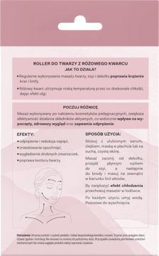 Różowa ulotka z instrukcjami użycia rollera do twarzy z różowego kwarcu, z tekstem po polsku i grafiką masażu.