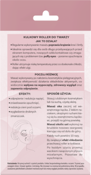 Tył różowo-białego opakowania kulkowego rollera do twarzy z polskim opisem działania, efektów i sposobu użycia.