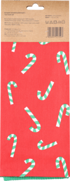 Czerwony ręcznik kuchenny z bożonarodzeniowym wzorem biało-zielonych lasek cukrowych, z widoczną górą opakowania.