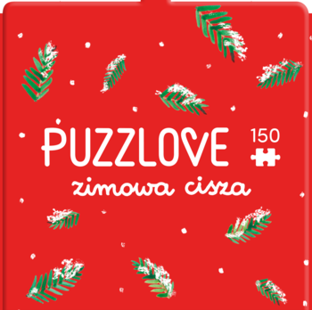 Czerwone pudełko Puzzlove "zimowa cisza" z 150 puzzlami, dekorowane gałązkami jodły ze śniegiem i białymi napisami.