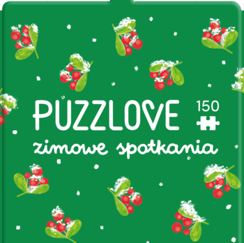 Puzzlove Zimowe Spotkania, 150 elementów. Zielone pudełko puzzli z motywem czerwonych jagód i białych płatków śniegu.