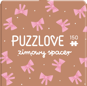 Pudełko puzzli PUZZLOVE 150 elementów zimowy spacer, widok z przodu, brązowe w różowe kokardki.
