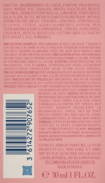 Tył opakowania perfum Giorgio Armani 30 ml: lista składników, kod kreskowy, ostrzeżenia i pojemność.