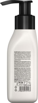 Tył białej butelki maski koloryzującej 2w1 Neboa z czarną pompką. Widoczne etykiety: skład, PETA Approved Vegan, 100ml.