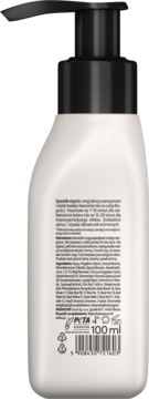 Tył białej butelki Neboa Irysowy Blond maski koloryzującej z czarną pompką, widoczne etykiety, PETA i 100ml.