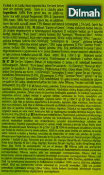 Dilmah Variety of Green, zestaw 20 torebek zielonej herbaty: mięta, cytryna, jaśmin, sencha, pure. Białe opakowanie.