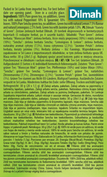 Tył białego opakowania Dilmah Variety of Green Tea z zielonym tekstem o składnikach i 20 torebkach.