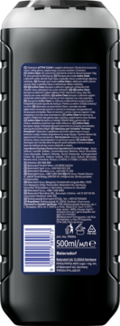 Tył czarnej butelki szamponu NIVEA MEN Active Clean 500ml z węglem drzewnym. Widoczna biała zakrętka i etykieta z tekstem.