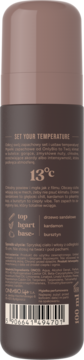 Tył brązowej butelki perfumowanej mgiełki OnlyBio Heels in the woods 13°C, z napisami i kodem kreskowym.