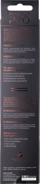 Tył czarnego opakowania pędzli MAKEUP PRO do cieni i brwi, z tekstem o miękkim włosiu i wysokiej jakości.