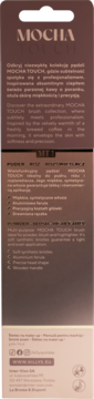 Tył opakowania pędzli MOCHA TOUCH, brązowe tło z opisem kolekcji i cechami: miękkie włosie, aluminiowa skuwka.