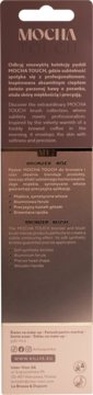 Pionowe zdjęcie tyłu brązowego opakowania MOCHA TOUCH z listą cech pędzli: syntetyczne włosie i drewniana rączka.