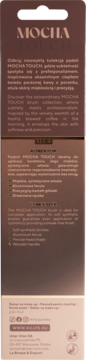 Tył opakowania pędzla do korektora MOCHA TOUCH. Brązowe tło, opis miękkich, syntetycznych włosków.