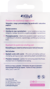 Tył różowo-białego opakowania KillyS Eyelash & eyebrow styling set, z tekstem opisującym zalotkę i pęsetę.