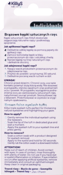 Tył opakowania KillyS Individuals, brązowe kępki sztucznych rzęs, z instrukcjami i ostrzeżeniami.