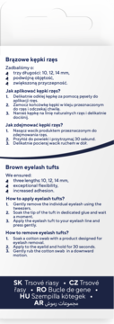 Tył opakowania brązowych kępek rzęs KillyS z instrukcjami aplikacji i usuwania w języku polskim i angielskim.