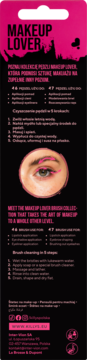 Black Makeup Lover brush info card with pink text, eye makeup example, brush types, and 5-step cleaning guide.