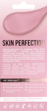 Reklama gąbki do makijażu Killys SKIN PERFECTION; różowe tło z opisem i instrukcją użycia.