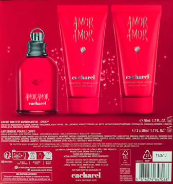 Czerwony zestaw Cacharel Amor Amor: woda toaletowa 50ml i dwa balsamy 50ml, tylna strona opakowania, widoczne etykiety.