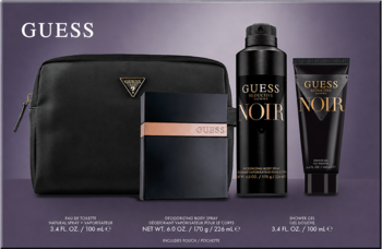 Czarny męski zestaw Guess Seductive Homme Noir: EDT, dezodorant, żel i kosmetyczka na ciemnym tle.
