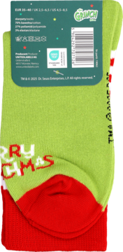 Zielone skarpety Grinch, rozmiar 35-40, tył z widoczną metką produktu i napisem MERRY CHRISTMAS.