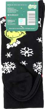Czarne skarpety Grinch w rozmiarze 40-45 ze śnieżynkami i postacią Grincha, widok z przodu z metką.