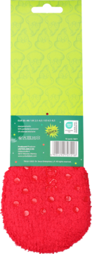 Tył opakowania czerwonych skarpet Grinch, rozmiar 35-40. Widoczna zielona etykieta i pluszowa skarpeta z wypustkami.