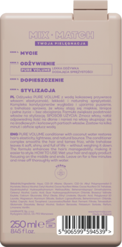 Tył beżowej butelki odżywki Hairmate Pure Volume z wodą kokosową 250ml, z opisem i kodem kreskowym.