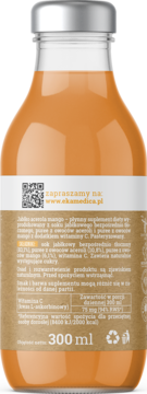 Tył butelki suplementu diety Ekamedica sok mango i acerola 300ml. Pomarańczowy napój, srebrna zakrętka, beżowa etykieta z QR code.