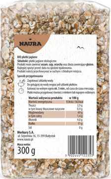 Przezroczysta torebka Naura z płatkami jaglanymi 300g, widok z tyłu opakowania z brązową etykietą.