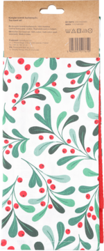 Zestaw ściereczek kuchennych z białej tkaniny w świąteczny wzór zielonych liści i czerwonych jagód, widok od tyłu.