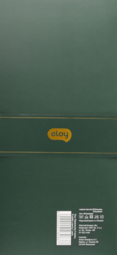 Ciemnozielone opakowanie produktu eloy z żółtym logo, kodem kreskowym i symbolami pielęgnacji na dole.