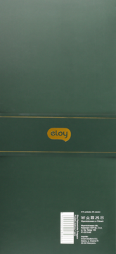 Tył ciemnozielonego opakowania eloy, złoty pasek, logo, kod kreskowy i symbole pielęgnacji tkanin.