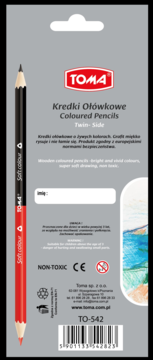 Tył opakowania kredek dwustronnych TOMA Coloured Pencils. Widoczny czarno-czerwony ołówek i kod kreskowy TO-542.